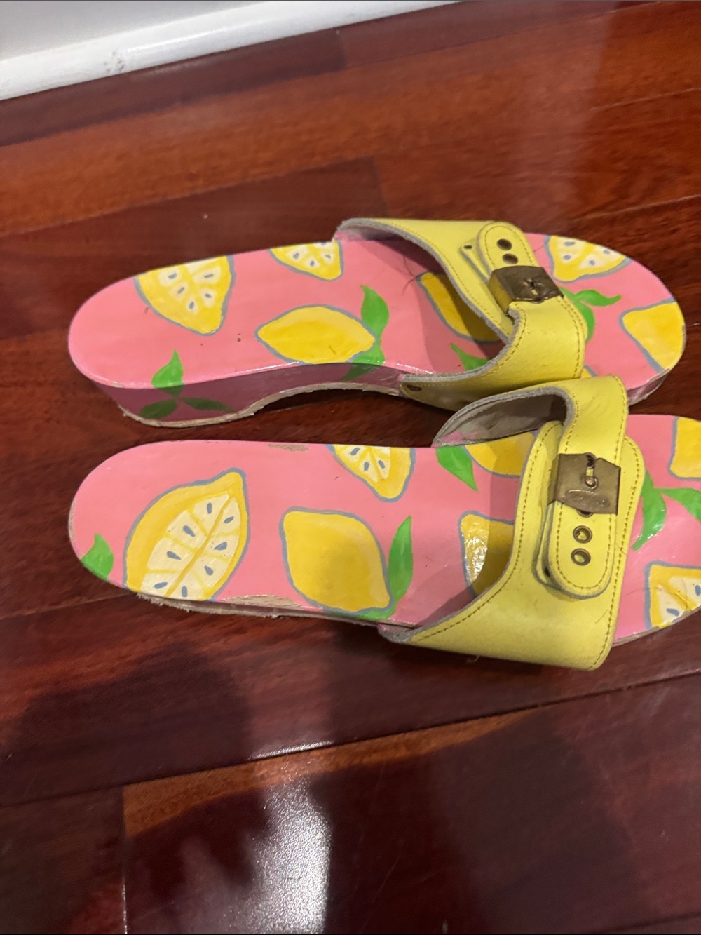 Dr. Scholl's Yellow Buckle Slide Sandals with Pink Lemon-Print Footbed